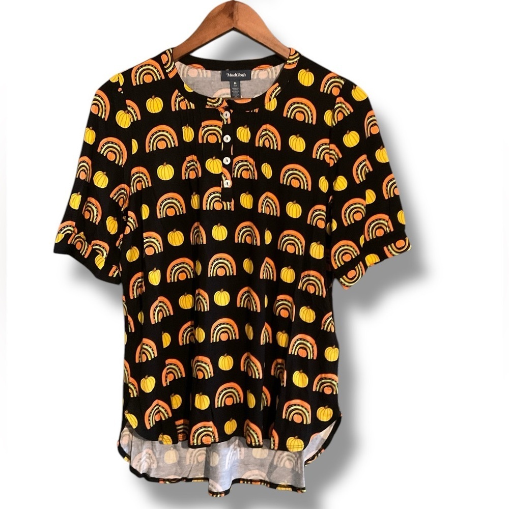 Modcloth Black Pumpkin Short Sleeve Stretch Jersey Henley Top Size Medium